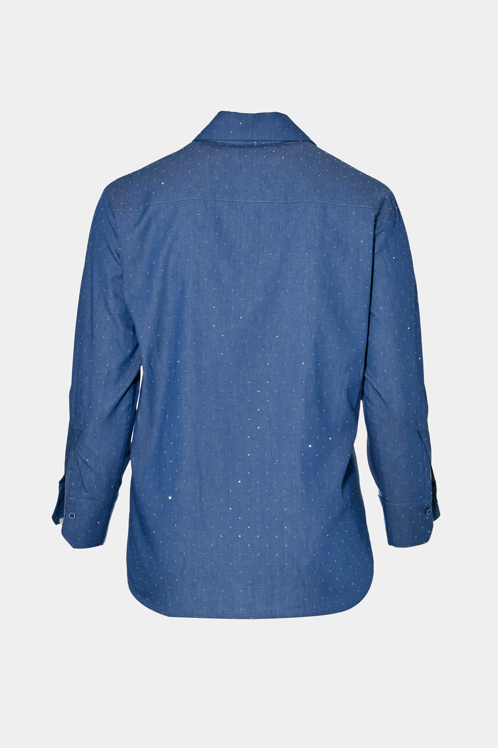 Blue denim shirt with strass details, featuring long sleeves and classic collar, shown from the back.