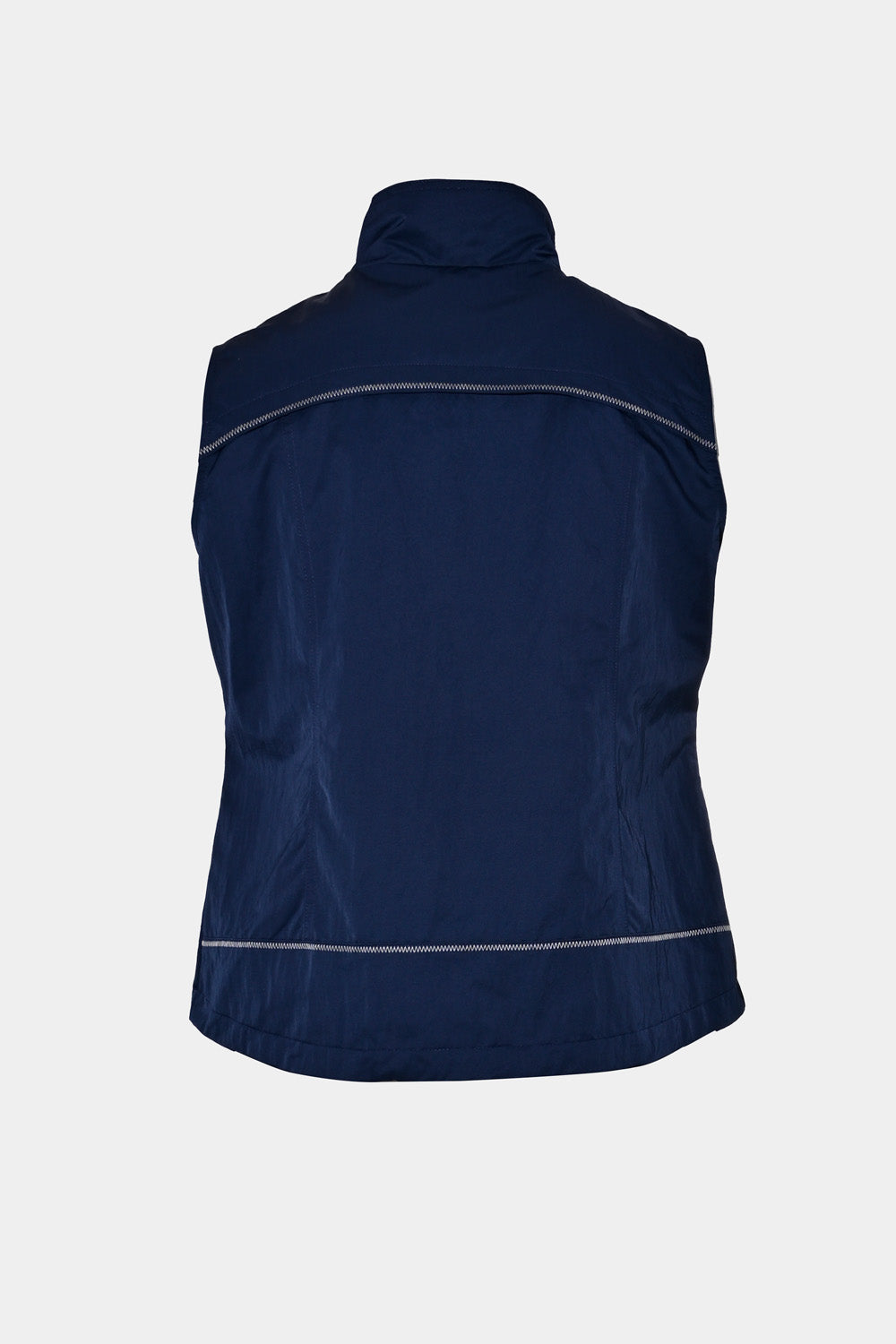 Back view of navy blue sleeveless jacket with high collar and reflective details, ideal for transitional seasons.