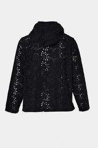 Black lace jacket with hood, featuring intricate cut-out design, perfect for spring and summer outfits.