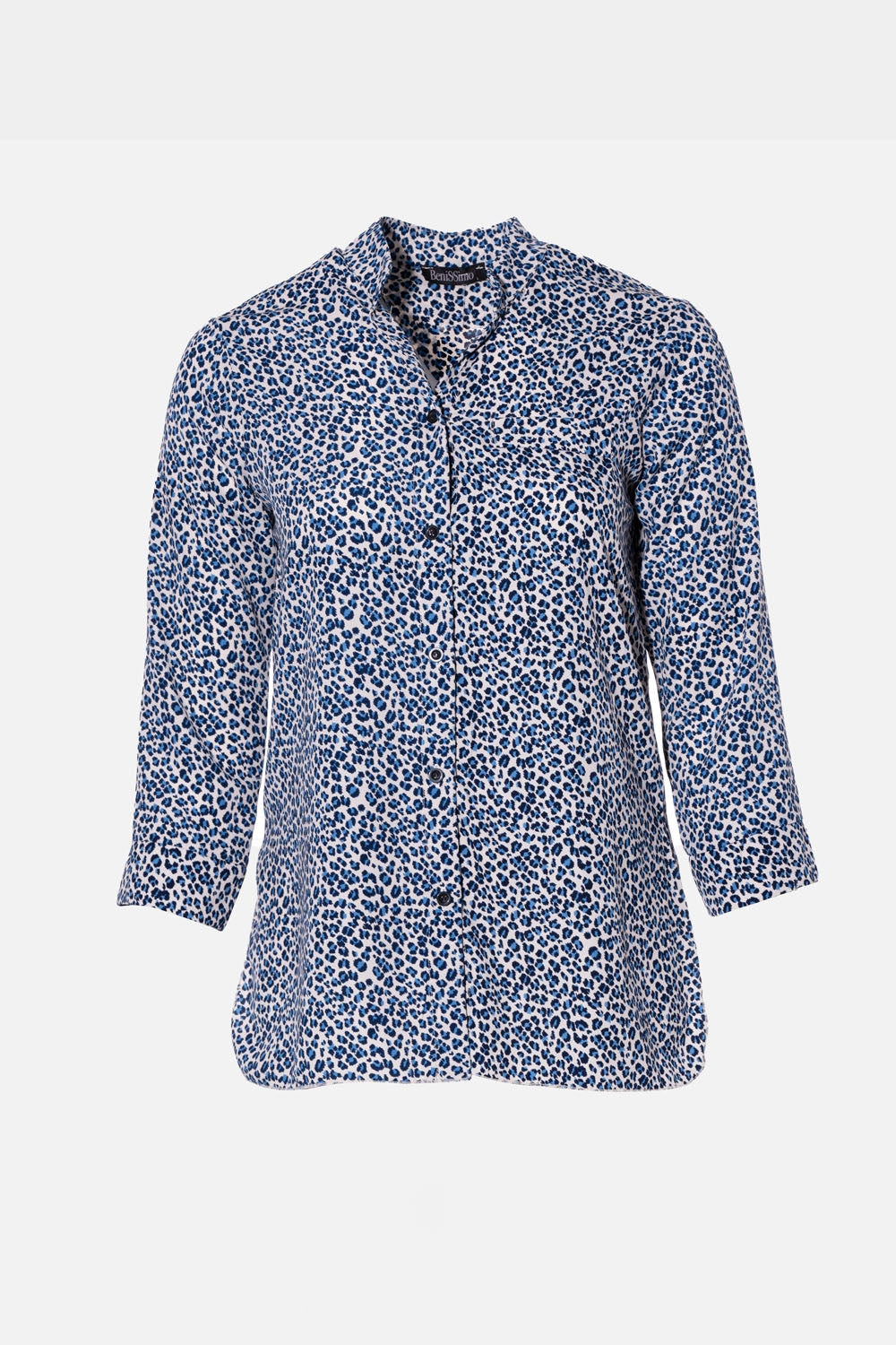 Blue animal print shirt with 3/4 sleeves and classic collar for stylish everyday wear.