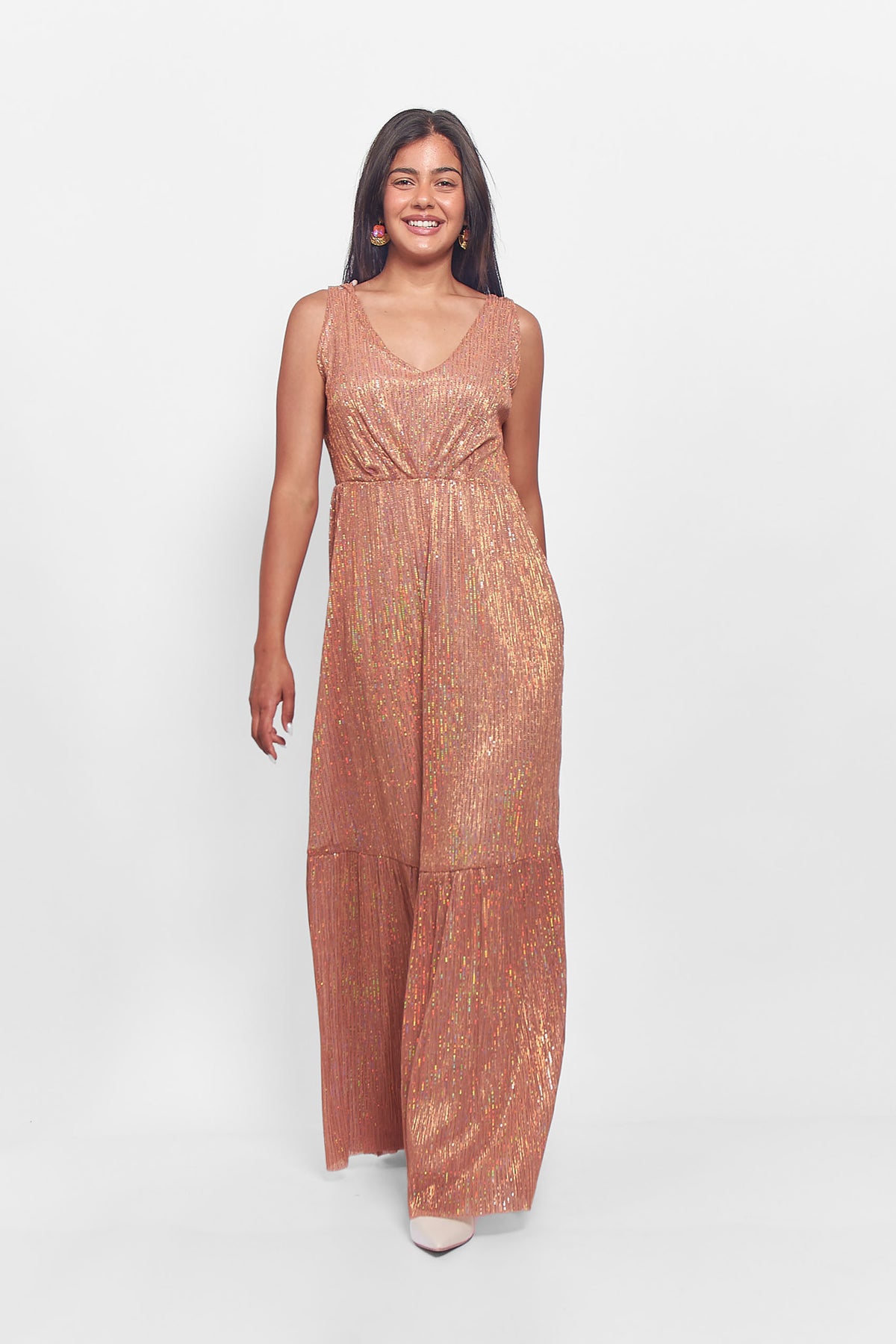 Φόρεμα γυαλιστερό bronze με V