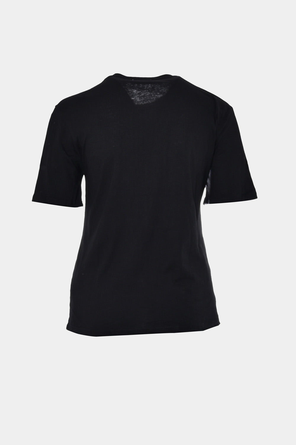 Back view of a black T-shirt, showcasing its simple design and short sleeves.